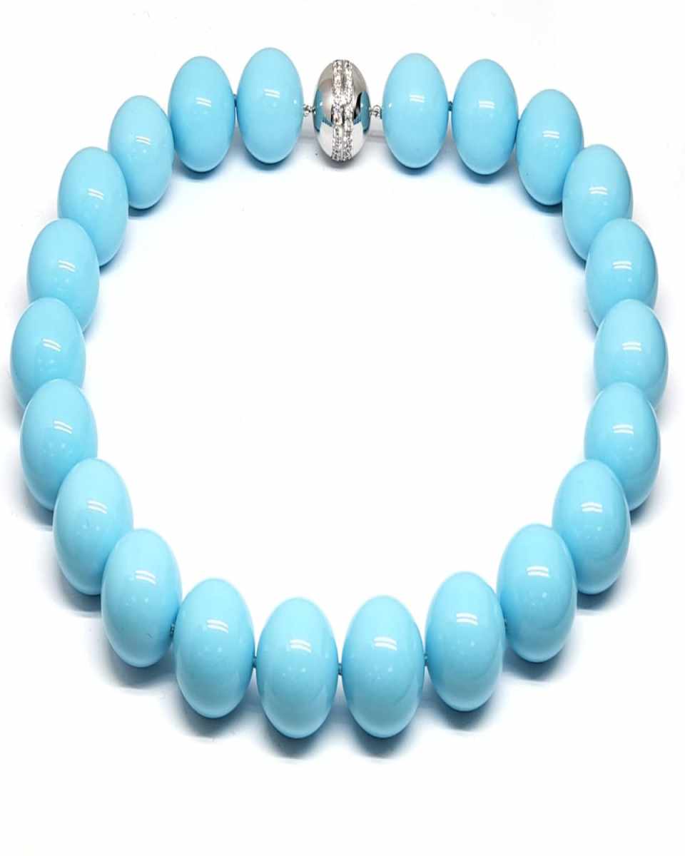 18K White Gold Turquoise Bead Necklace with Diamonds